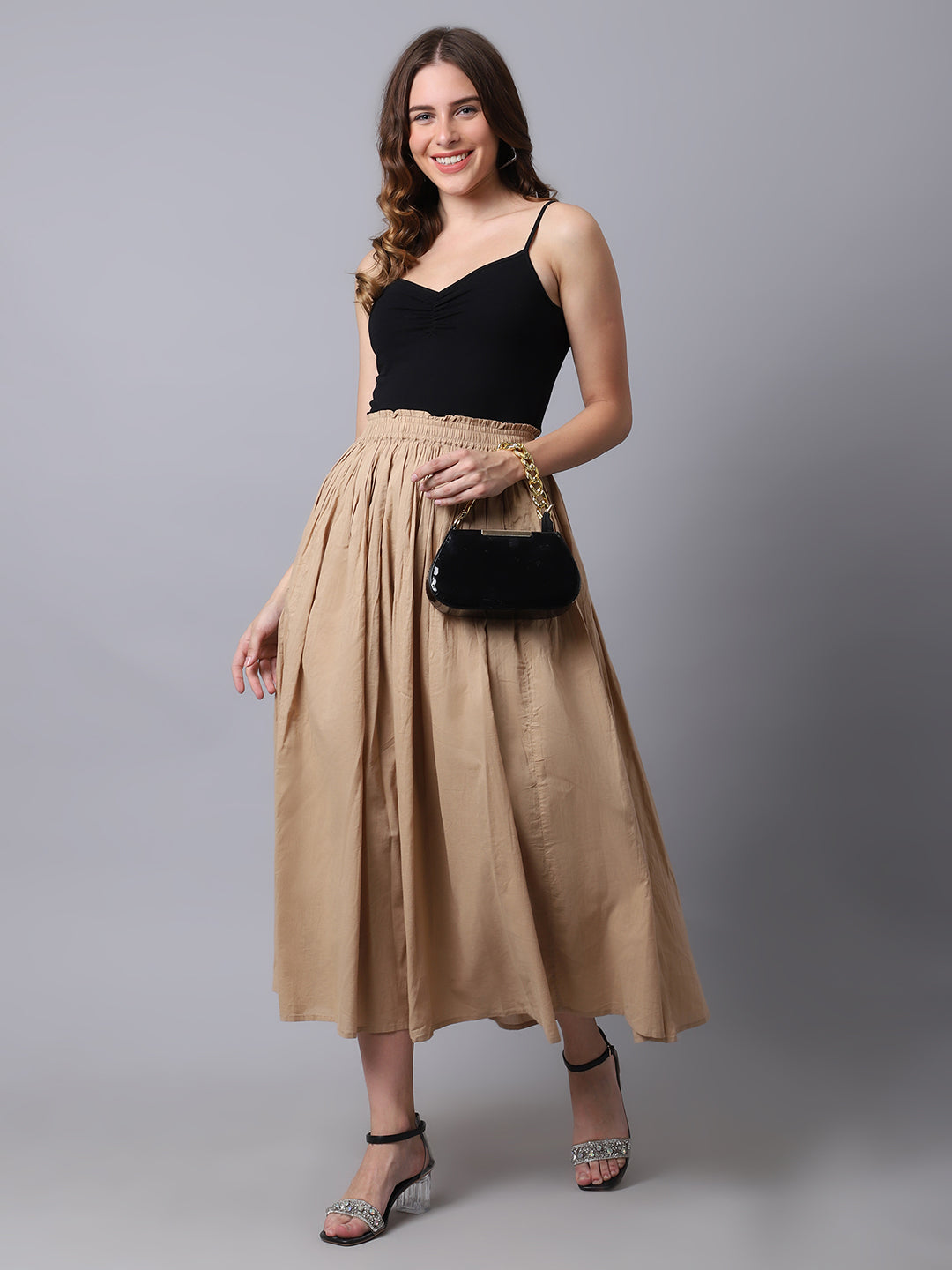 Unaone Women Beige Solid Flared Maxi Skirts With Lining